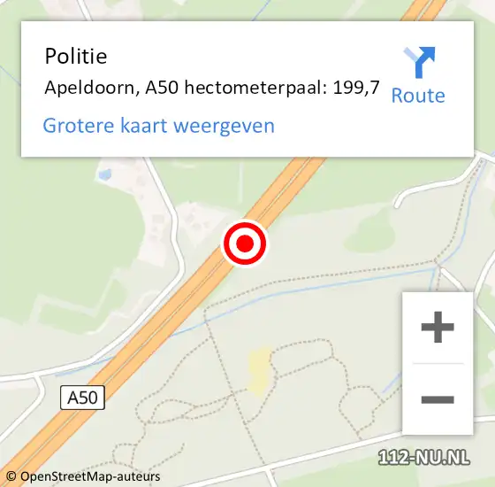 Locatie op kaart van de 112 melding: Politie Apeldoorn, A50 hectometerpaal: 199,7 op 29 april 2024 12:47