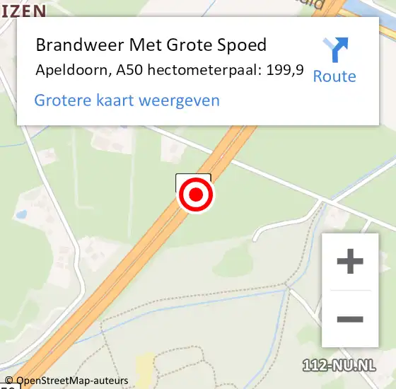 Locatie op kaart van de 112 melding: Brandweer Met Grote Spoed Naar Apeldoorn, A50 hectometerpaal: 199,9 op 29 april 2024 12:53