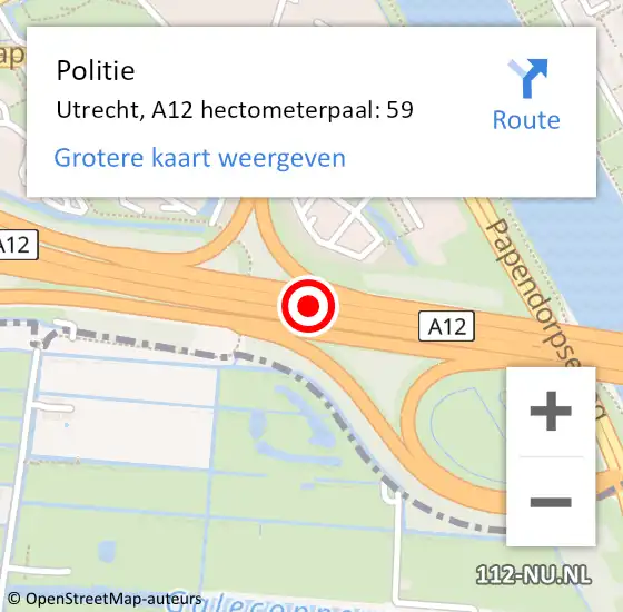 Locatie op kaart van de 112 melding: Politie Utrecht, A12 hectometerpaal: 59 op 29 april 2024 13:10