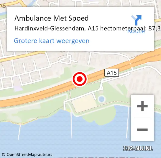 Locatie op kaart van de 112 melding: Ambulance Met Spoed Naar Hardinxveld-Giessendam, A15 hectometerpaal: 87,3 op 29 april 2024 13:15