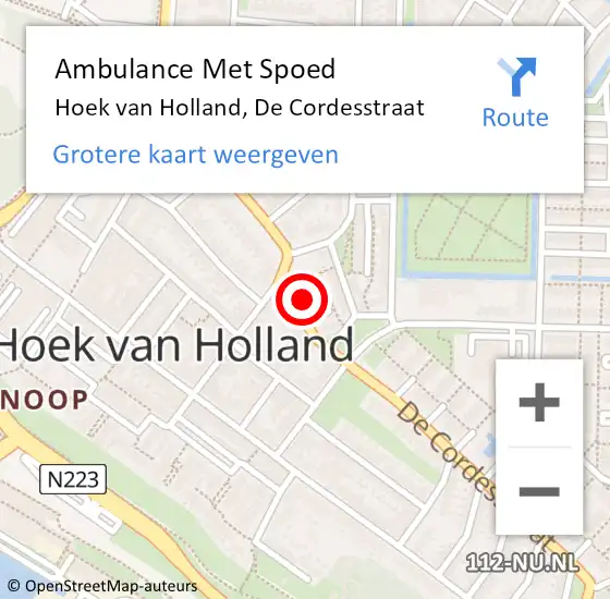 Locatie op kaart van de 112 melding: Ambulance Met Spoed Naar Hoek van Holland, De Cordesstraat op 29 april 2024 13:23