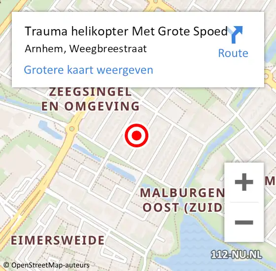 Locatie op kaart van de 112 melding: Trauma helikopter Met Grote Spoed Naar Arnhem, Weegbreestraat op 29 april 2024 13:34