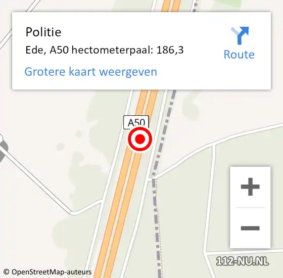 Locatie op kaart van de 112 melding: Politie Ede, A50 hectometerpaal: 186,3 op 29 april 2024 13:57