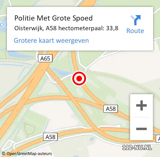 Locatie op kaart van de 112 melding: Politie Met Grote Spoed Naar Oisterwijk, A58 hectometerpaal: 33,8 op 29 april 2024 14:33