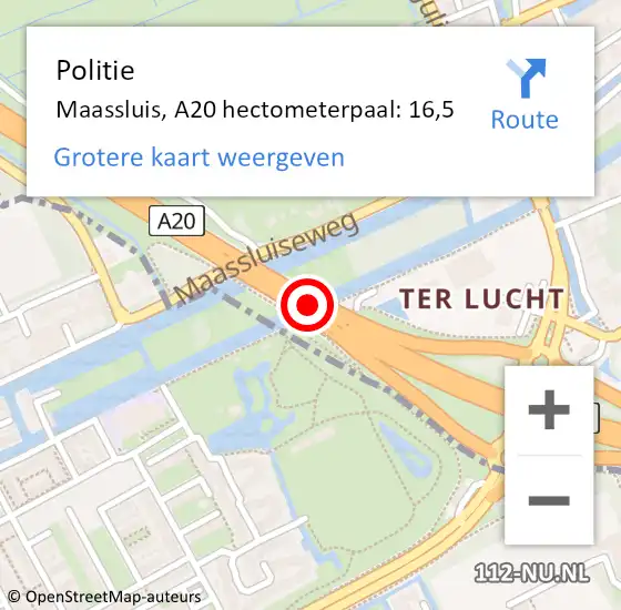 Locatie op kaart van de 112 melding: Politie Maassluis, A20 hectometerpaal: 16,5 op 29 april 2024 14:42
