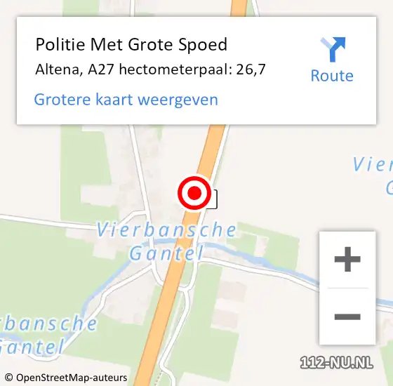 Locatie op kaart van de 112 melding: Politie Met Grote Spoed Naar Altena, A27 hectometerpaal: 26,7 op 29 april 2024 15:57