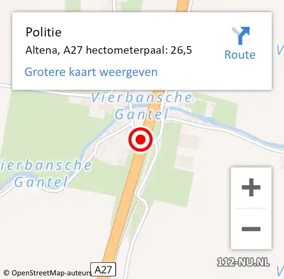Locatie op kaart van de 112 melding: Politie Altena, A27 hectometerpaal: 26,5 op 29 april 2024 15:58