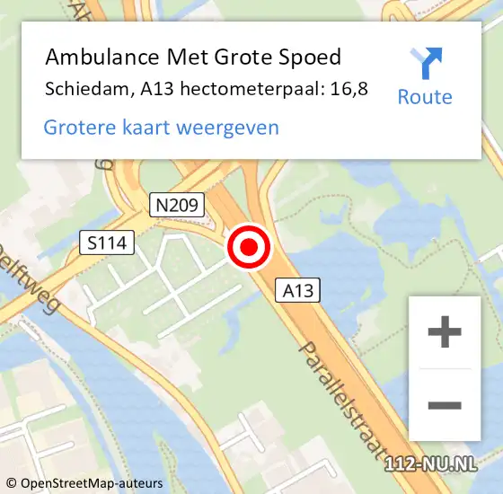 Locatie op kaart van de 112 melding: Ambulance Met Grote Spoed Naar Schiedam, A13 hectometerpaal: 16,8 op 29 april 2024 16:00