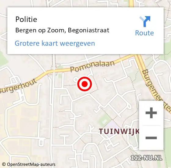 Locatie op kaart van de 112 melding: Politie Bergen op Zoom, Begoniastraat op 29 april 2024 16:25