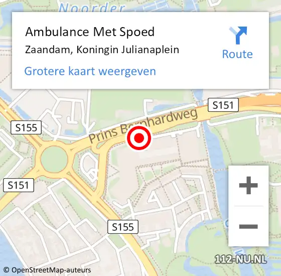 Locatie op kaart van de 112 melding: Ambulance Met Spoed Naar Zaandam, Koningin Julianaplein op 29 april 2024 16:26