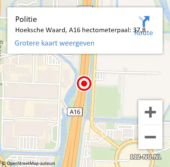 Locatie op kaart van de 112 melding: Politie Hoeksche Waard, A16 hectometerpaal: 37,8 op 29 april 2024 16:35