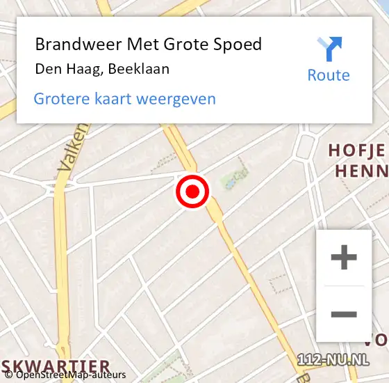 Locatie op kaart van de 112 melding: Brandweer Met Grote Spoed Naar Den Haag, Beeklaan op 29 april 2024 17:55