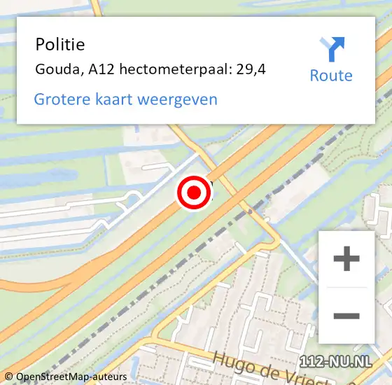 Locatie op kaart van de 112 melding: Politie Gouda, A12 hectometerpaal: 29,4 op 29 april 2024 18:14