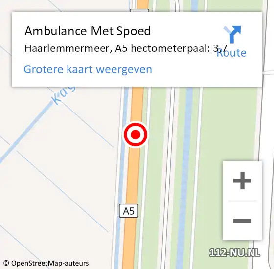 Locatie op kaart van de 112 melding: Ambulance Met Spoed Naar Haarlemmermeer, A5 hectometerpaal: 3,7 op 29 april 2024 21:16