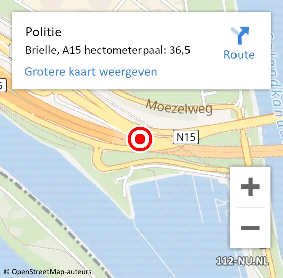 Locatie op kaart van de 112 melding: Politie Brielle, A15 hectometerpaal: 36,5 op 29 april 2024 22:42