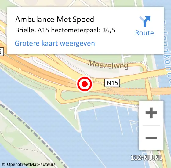 Locatie op kaart van de 112 melding: Ambulance Met Spoed Naar Brielle, A15 hectometerpaal: 36,5 op 29 april 2024 22:49