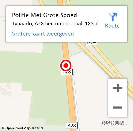 Locatie op kaart van de 112 melding: Politie Met Grote Spoed Naar Tynaarlo, A28 hectometerpaal: 188,7 op 30 april 2024 08:47