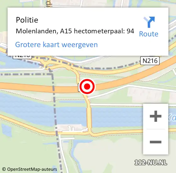 Locatie op kaart van de 112 melding: Politie Molenlanden, A15 hectometerpaal: 94 op 30 april 2024 09:32
