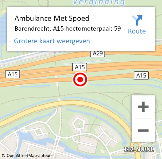 Locatie op kaart van de 112 melding: Ambulance Met Spoed Naar Barendrecht, A15 hectometerpaal: 59 op 30 april 2024 10:02