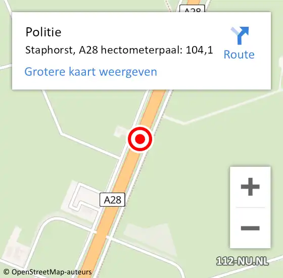 Locatie op kaart van de 112 melding: Politie Staphorst, A28 hectometerpaal: 104,1 op 30 april 2024 10:46
