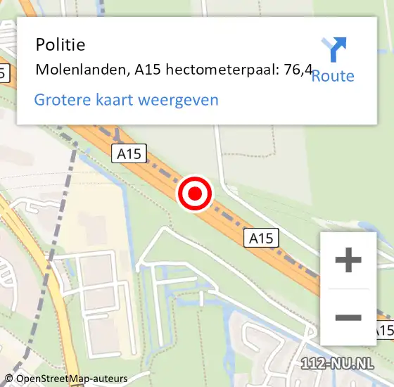 Locatie op kaart van de 112 melding: Politie Molenlanden, A15 hectometerpaal: 76,4 op 30 april 2024 12:20
