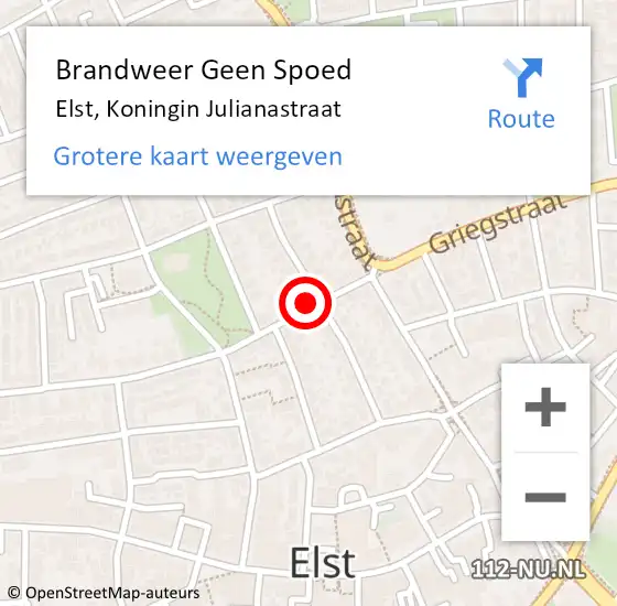 Locatie op kaart van de 112 melding: Brandweer Geen Spoed Naar Elst, Koningin Julianastraat op 30 april 2024 14:38