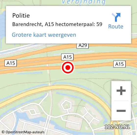 Locatie op kaart van de 112 melding: Politie Barendrecht, A15 hectometerpaal: 59 op 30 april 2024 15:39