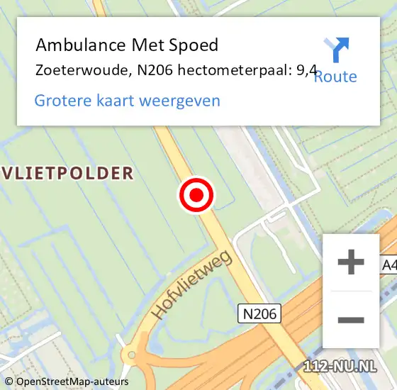Locatie op kaart van de 112 melding: Ambulance Met Spoed Naar Zoeterwoude, N206 hectometerpaal: 9,4 op 30 april 2024 15:44