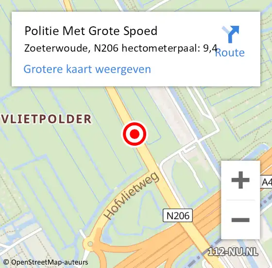 Locatie op kaart van de 112 melding: Politie Met Grote Spoed Naar Zoeterwoude, N206 hectometerpaal: 9,4 op 30 april 2024 15:47