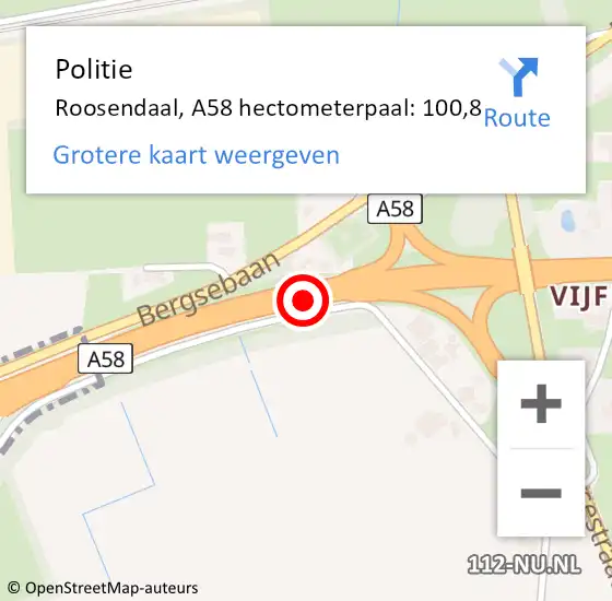 Locatie op kaart van de 112 melding: Politie Roosendaal, A58 hectometerpaal: 100,8 op 30 april 2024 16:47