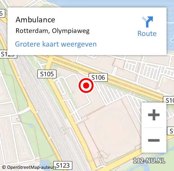 Locatie op kaart van de 112 melding: Ambulance Rotterdam, Olympiaweg op 30 april 2024 16:57