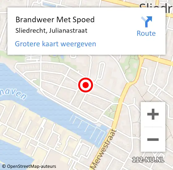 Locatie op kaart van de 112 melding: Brandweer Met Spoed Naar Sliedrecht, Julianastraat op 30 april 2024 17:29