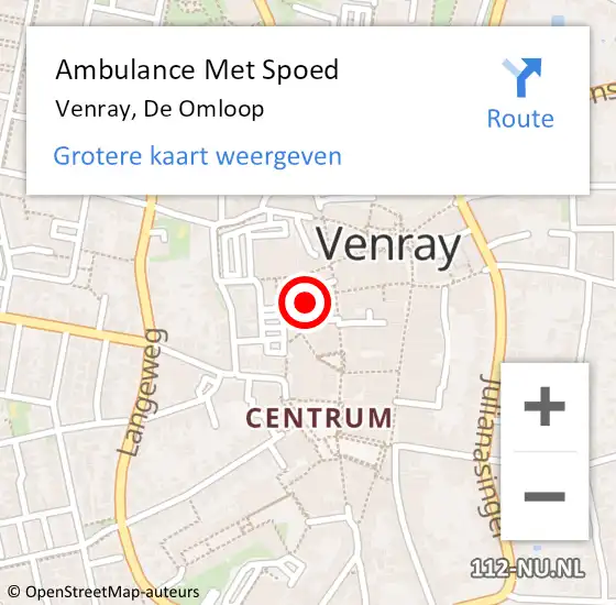 Locatie op kaart van de 112 melding: Ambulance Met Spoed Naar Venray, De Omloop op 4 oktober 2014 09:00