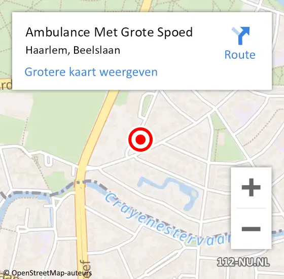 Locatie op kaart van de 112 melding: Ambulance Met Grote Spoed Naar Haarlem, Beelslaan op 30 april 2024 21:42