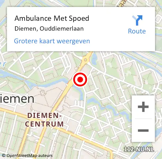 Locatie op kaart van de 112 melding: Ambulance Met Spoed Naar Diemen, Ouddiemerlaan op 30 april 2024 21:44