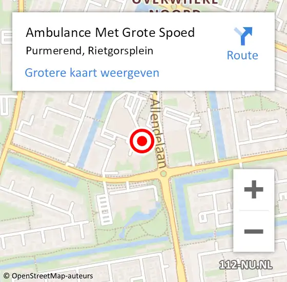 Locatie op kaart van de 112 melding: Ambulance Met Grote Spoed Naar Purmerend, Rietgorsplein op 30 april 2024 22:21