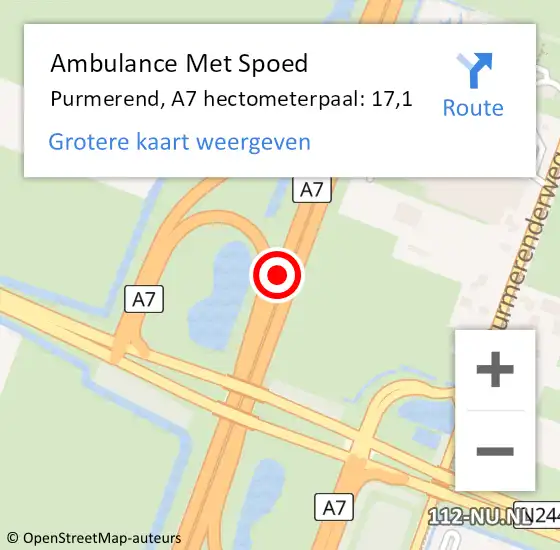 Locatie op kaart van de 112 melding: Ambulance Met Spoed Naar Purmerend, A7 hectometerpaal: 17,1 op 30 april 2024 22:34