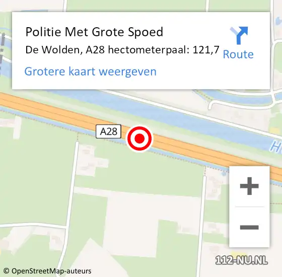 Locatie op kaart van de 112 melding: Politie Met Grote Spoed Naar De Wolden, A28 hectometerpaal: 121,7 op 1 mei 2024 00:36