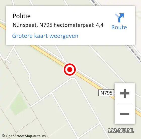 Locatie op kaart van de 112 melding: Politie Nunspeet, N795 hectometerpaal: 4,4 op 1 mei 2024 00:37