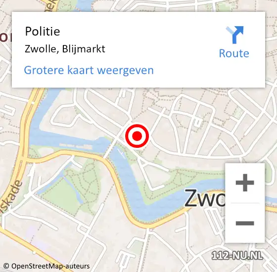 Locatie op kaart van de 112 melding: Politie Zwolle, Blijmarkt op 1 mei 2024 00:53