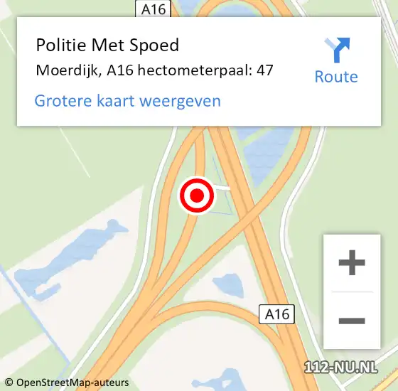 Locatie op kaart van de 112 melding: Politie Met Spoed Naar Moerdijk, A16 hectometerpaal: 47 op 1 mei 2024 05:29