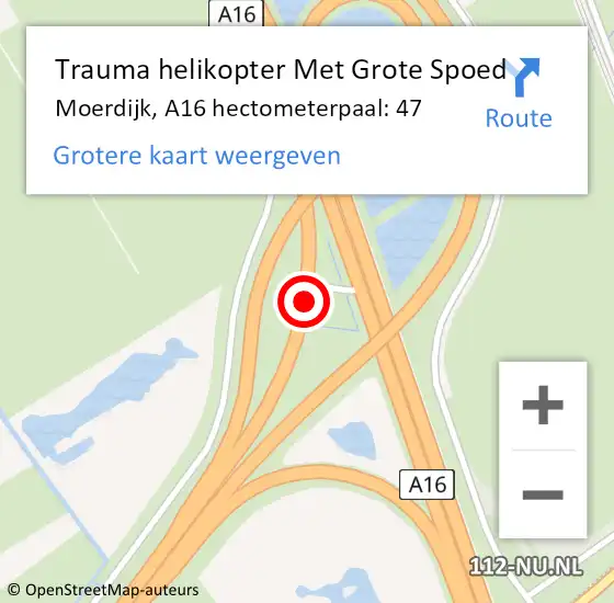 Locatie op kaart van de 112 melding: Trauma helikopter Met Grote Spoed Naar Moerdijk, A16 hectometerpaal: 47 op 1 mei 2024 05:33