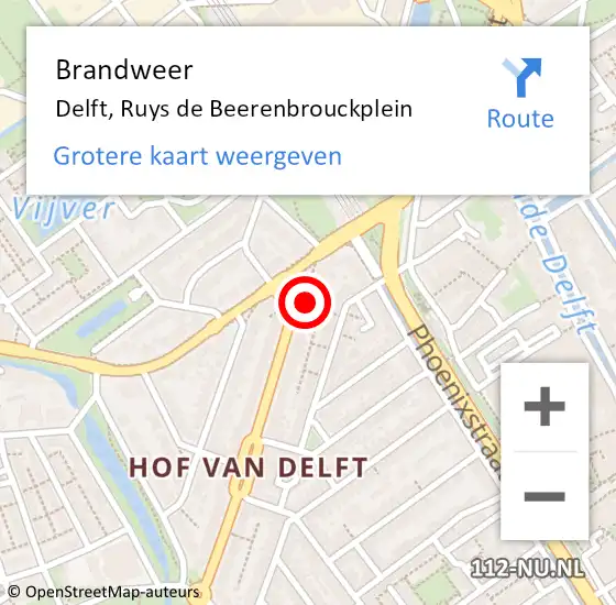 Locatie op kaart van de 112 melding: Brandweer Delft, Ruys de Beerenbrouckplein op 1 mei 2024 07:20