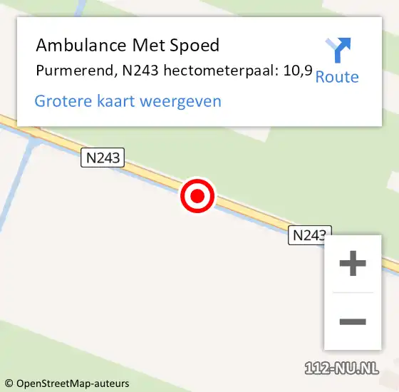 Locatie op kaart van de 112 melding: Ambulance Met Spoed Naar Purmerend, N243 hectometerpaal: 10,9 op 1 mei 2024 09:17