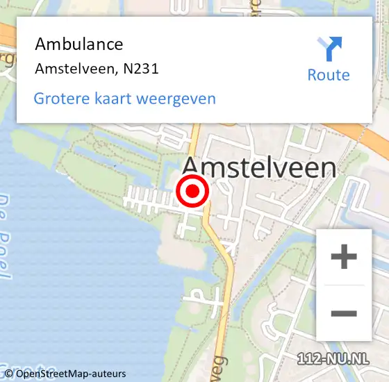 Locatie op kaart van de 112 melding: Ambulance Amstelveen, N231 op 4 oktober 2014 10:10