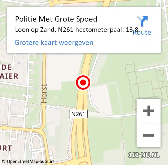 Locatie op kaart van de 112 melding: Politie Met Grote Spoed Naar Loon op Zand, N261 hectometerpaal: 13,8 op 1 mei 2024 10:07