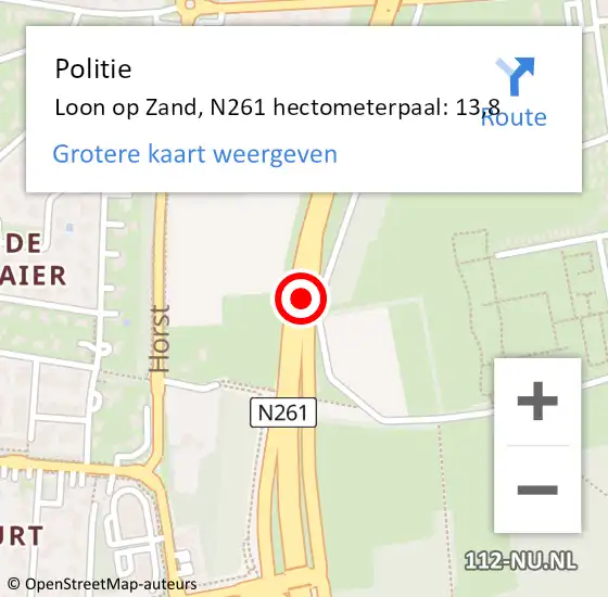 Locatie op kaart van de 112 melding: Politie Loon op Zand, N261 hectometerpaal: 13,8 op 1 mei 2024 10:07