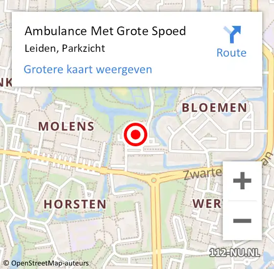 Locatie op kaart van de 112 melding: Ambulance Met Grote Spoed Naar Leiden, Parkzicht op 1 mei 2024 11:01