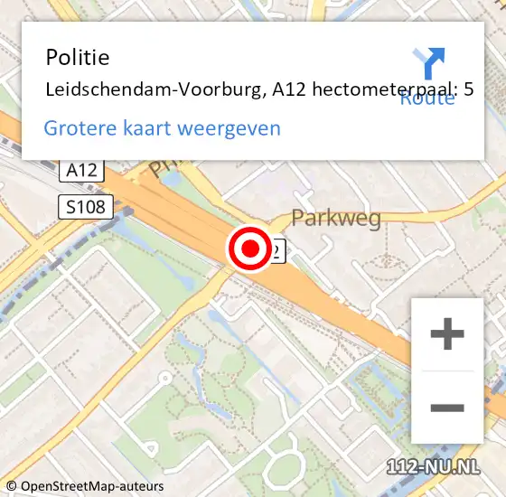 Locatie op kaart van de 112 melding: Politie Leidschendam-Voorburg, A12 hectometerpaal: 5 op 1 mei 2024 11:41