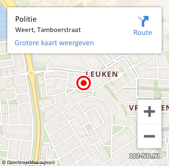 Locatie op kaart van de 112 melding: Politie Weert, Tamboerstraat op 1 mei 2024 12:14